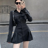 Dodobye Black Shirt Dress Women Elegant Vintage Long Sleeve Pleated Dress Sexy Gothic Y2k Turn Down Collar Casual Mini Vestidos