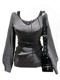 Dodobye Autumn Vintage Knitted 3 Piece Skirt Set Women Casual Grey Sweater Tops + Hot Girl Lace Vest + Plaid Mini Skirt Winter Clothing