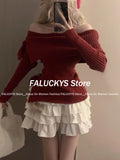 Dodobye Autumn Winter Sweet Kawaii 2 Piece Set Woman Off Shoulder Bow Elastic Force Knitted Sweater + Cute Lace Mini Cake Skirt 2025 New