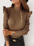 christmas outfit Dodobye Long Sleeves Skinny Buttoned Falbala Split-Joint High-Neck Pullovers Sweater Tops