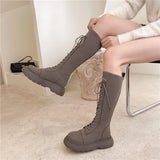 Dodobye New Chunky Platform Knitted Long Boots Women 2024 Autumn Thick Bottom Warm Sock Shoes Woman Lace Up Knee High Botas De Mujer