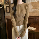 Black Friday Dodobye Elegant Knitted Pullover Women Korean Slim Stretch Vertical Pit Stripes Solid Sweater Spring Fall Long Sleeved O-Neck Female Top