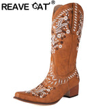 thanksgiving outfit Dodobye Leisure Female Boots Toe Block Heels 4.5cm Slip On Embroider Size 41 42 43 Daily Mid Calf Booties