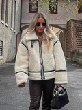 christmas outfit Dodobye Fashion Contrast Spliced Zipper Lapel Lamb Wool Jacket Women's Chic Casual Thick Warm Long Sleeve Coat Ladies Chic Outwear 2024