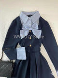 Dodobye New Vintage Blue Stripe Patchwork Elegant Long Sleeve Mini Dress Women College Style Button Pleated Short Dress Fashion Trend