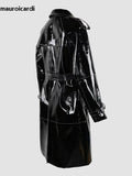 christmas outfit Dodobye Spring Long Shiny Reflective Black Patent Pu Leather Trench Coat for Women Belt Double Breasted Y2K European Clothes