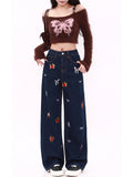 Dodobye Women's Dark Blue Y2k Baggy Jeans Harajuku 2000s Oversize Pattern Print Denim Trousers Vintage Jean Pants Trashy Clothes 2025