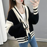 Black Friday Dodobye Patchwork Sweater Women Knitted Loose Elegant Black White Fashion Cardigan Lazy Strip V-Neck Long Sleevekorean Female Jumpers