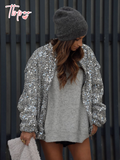 christmas outfit Dodobye 2025 Chic Shiny Sequins Zipper Up Bomber Jacket Women's Fashion Loose Stand Collar Long Sleeve Coat New Female Party Streetwear