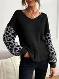 christmas outfit Dodobye Loose Puff Sleeves Leopard Split-Joint V-Neck Sweater Tops