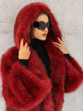 christmas outfit Dodobye 2025 Red Chic Hooded Warm Faux Fur Women's Short Coat Fashion Thicken Loose Long Sleeve Fluffy Jackets Christmas Lady Streetwear