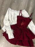 Dodobye Women Rave Birthday 2000s Shoujo Girl Korean Fashion Outfits 3 Piece Set Long Sleeve Lace Tops + Red Velvet Cami Dress + Shorts