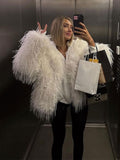 christmas outfit Dodobye 2024 White Elegant Tassels Faux Fur Coats For Women Fashion Lapel Long Sleeves Thicken Warm Jacket Winter Female Chic Streetwear