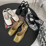 Dodobye Fashion Ladies Elastic Band Flat Heel Women Summer Elegant Ladies Sandals Shallow Party Shoes Square Heel Square Toe