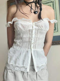 Dodobye Ruffled Lace Stitching White Tank Top