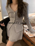 Dodobye 2025 Autumn Grey Knitted Suit for Women Korean Slim Short Cardigan Top High Waist Fashion Skirt Suit Outfit 2 Piece Set Chic