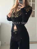 Dodobye Leopard Cardigan Women Japanese Gyaru V-neck Long Sleeve Streetwear Slim Sexy Cardigan Sweater Y2k Vintage Top Autuam