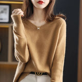 Dodobye Fashion Merino Wool Cashmere Women Knitted Sweater V-Neck Long Sleeve Bottoming Shirt Pullover Autumn Clothing Jumper Top