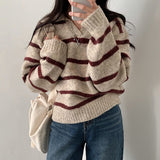 christmas outfit Dodobye Large size Korean style lapel slimming contrast striped sweater women's winter long-sleeved loose pullover sweater y2k tops