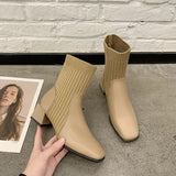 Dodobye Autumn and Winter New Chunky Mid-heel Square Ankle Boots for Women Knitted Apricot Skinny Socks Single Boots