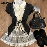 Dodobye College Style Sweet Witch Black Waist Cinching Fake Two-piece Shirt Gray Patchwork Lace Plaid Short Skirt Sets Платье