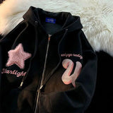 Dodobye Letter Star Embroidery Hoodies Women Clothing Street Vintage Zip Up Hoodie Casual All Match Sweatshirt Hoodie Clothes Tops