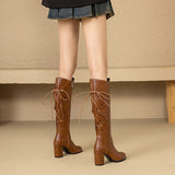 thanksgiving outfit Dodobye 2024 Women Knee Boots Round Toe Chunky Heels 7.5cm Lace Up 50 51 52 Fashion Riding Booties