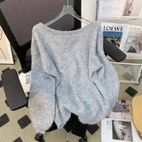 Black Friday Dodobye Bow Sexy Backless Women Sweater Knitted Reversible Gray Loose Lazy Chic Pullover Simple Harajuku Sweet Student Jumpers