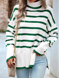 christmas outfit Dodobye Long Sleeves Loose Contrast Color Split-Side Striped High Neck Pullovers Sweater Tops