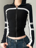 Dodobye-Contrast Color Splice Zipper Collar Neck Long Sleeve Knit