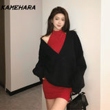 Dodobye Korean Retro V-neck Knitted Hoodie for Women Autumn Hanging Neck Strap Dress Waist Up Short Skirt Sets Female Clothing