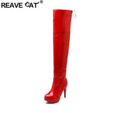 thanksgiving outfit Dodobye 2024 Sexy Over The Knee Boots Patent Leather Velvet Round Toe Lace Up Platform 11cm Thin Heel US12 White Red A4348