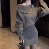 Black Friday Dodobye Sexy Knit Dress Women Elegant Slant Shoulder Button Slim Solid Fall Winter Sweater Fashion Chic Harajuku Y2K Office Lady Dress