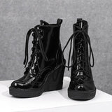 thanksgiving outfit Dodobye Women Ankle Boots Round Toe Wedges High Heel 12cm Platform 2.5cm Lace Up Short Bota Size 42 43 44