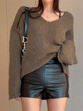 Dodobye-Solid V Neck Slit Rolled Sweater