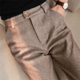 Dodobye Woolen Pants Women Harem Pencil Pants Spring High Waist Pockets Suit Pants Office Lady Striped Zipper Trousers