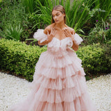 Dodobye Customized Pink Multi-Layered A-line robes de soirée Mesh Fabric Off the Shoulder Party Dresses Backless Prom Dress 2025-(PRE-ORDER)