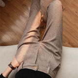 Dodobye Woolen Pants Women Harem Pencil Pants Spring High Waist Pockets Suit Pants Office Lady Striped Zipper Trousers