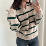 christmas outfit Dodobye Large size Korean style lapel slimming contrast striped sweater women's winter long-sleeved loose pullover sweater y2k tops