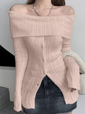 Dodobye-Long Sleeve Off-Shoulder Ribbed-Knit Sweater