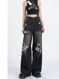 Dodobye Women's Y2k Baggy Ripped Jeans Japanese 2000s Style Black Gothic Denim Trousers Harajuku Vintage Jean Pants Emo Trashy Clothes