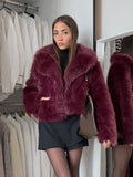 christmas outfit Dodobye Burgundy Red Chic Women's Fluffy Faux Fur Short Jacket Women Elegant Lapel Long Sleeve Plush Coat Female Warm Cropped Streetwear