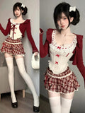 Dodobye Japanese Sweet 3 Piece Set Outfits Women Causal Short Cardigan + Cute Lace Floral Bow Vest + Kawaii Plaid Mini Skirt 2025 Summer