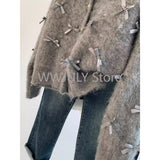 Dodobye 2025 Autumn Winter Women Temperament High Soft Mohair Knitted Cardigan Fragrant Coat Casual Tops Korean Grey Bow Sweater