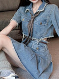 Dodobye 2025 Summer Korean Fashion Outfits Retro Denim Safari Party Suits Style Women Casual Elegant Crop Tops + Bodycon Mini Skrits