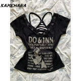 Dodobye E-girl Gothic Grunge Top Millennium Y2K Punk Rock Black Letter T-shirt Top Striped Strap American Design Two Piece Set