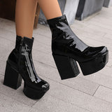 thanksgiving outfit Dodobye Patent Leather Women Ankle Boots Toe Chunky Heels 12cm Platform Hill Size 46 47 48 Sexy Dating Bota