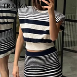 thanksgiving outfit Dodobye 2024 Spring Summer Casual Knitted Striped Women Suit Fashion Vintage O Neck Sleeveless Short Tops+Chic Short Pencil Skirt