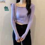 Black Friday Dodobye Autumn Slim Knitted Crop Sweaters Women Fashion Solid Long Sleeve Square Collar Pullovers Korean All Match Chic Casual Sweaters