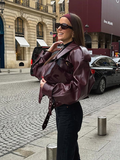 christmas outfit Dodobye 2024 Chic Wine Red Women's Lapel Leather Jacket Fashion Belted Long Sleeves Cropped Biker Coat Autumn Female New High Streetwear